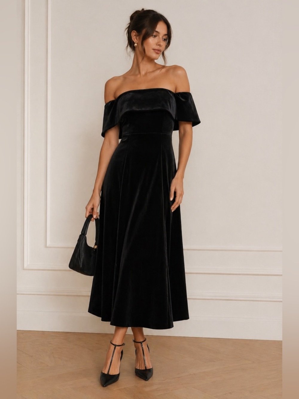 Pomander Place Black Velvet Elise Off The Shoulder Midi Dress Womens Medium EUC
